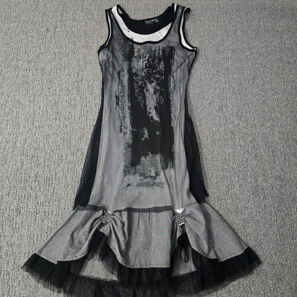 Tango Mango Mesh Overlay Dress Abstract Art Avant Garde Ruched Hem Goth Small
